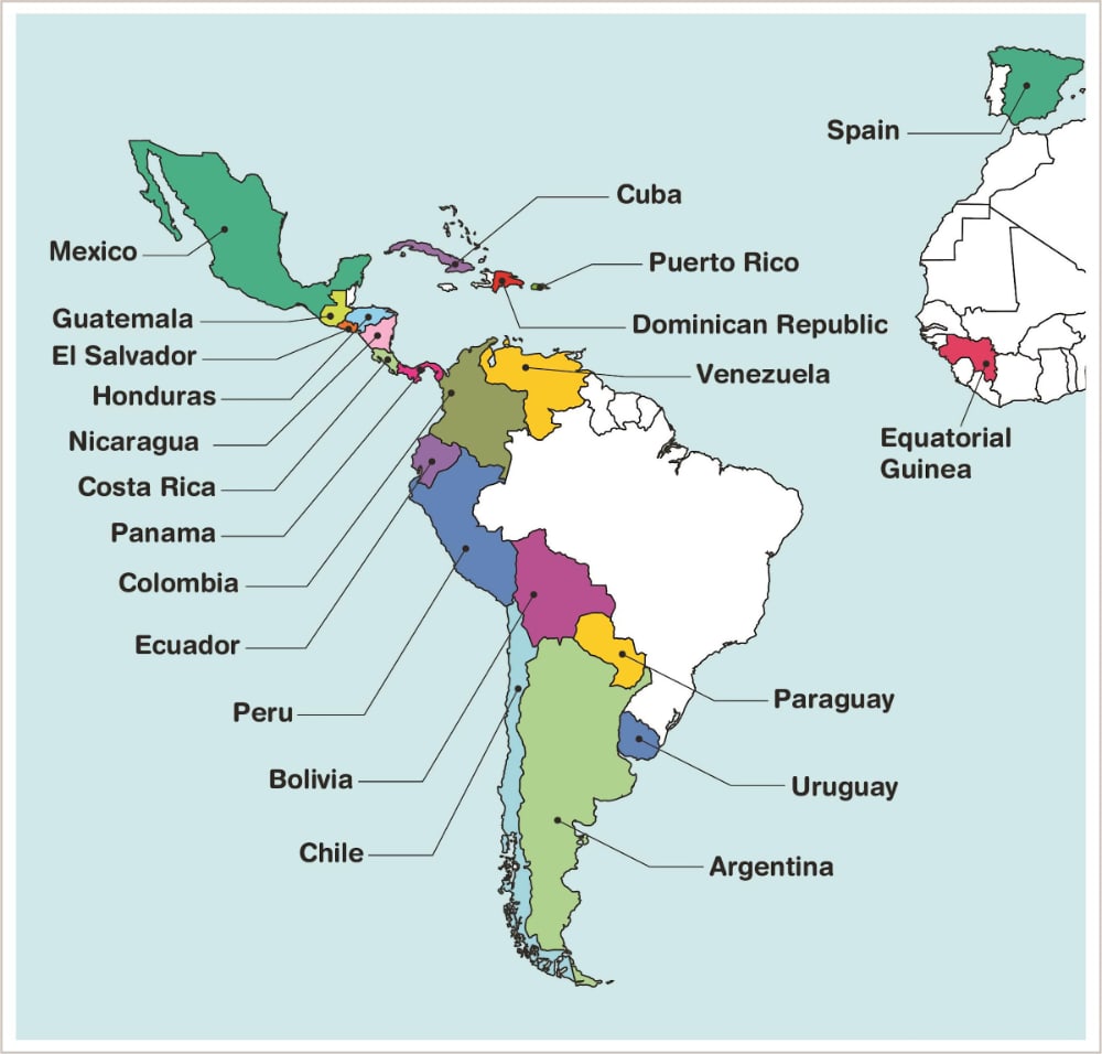 испаноговорящие страны на карте, испаноговорящий мир карта