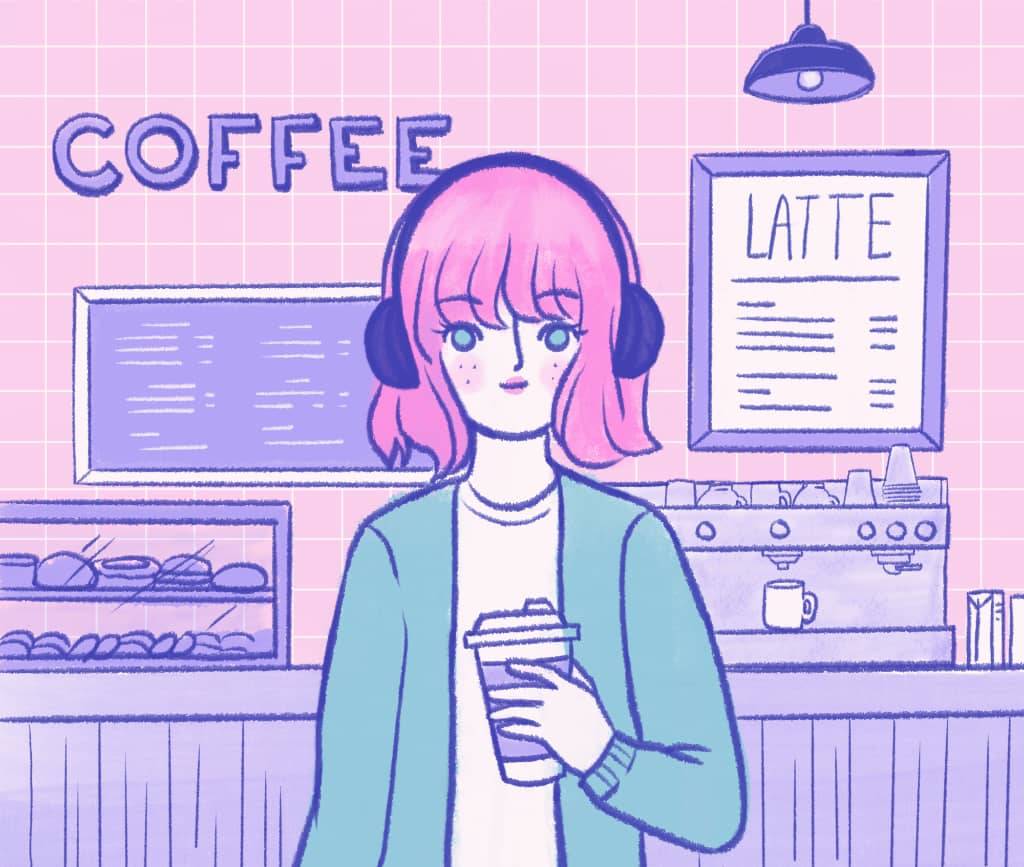 una chica toma un café en una cafetería
